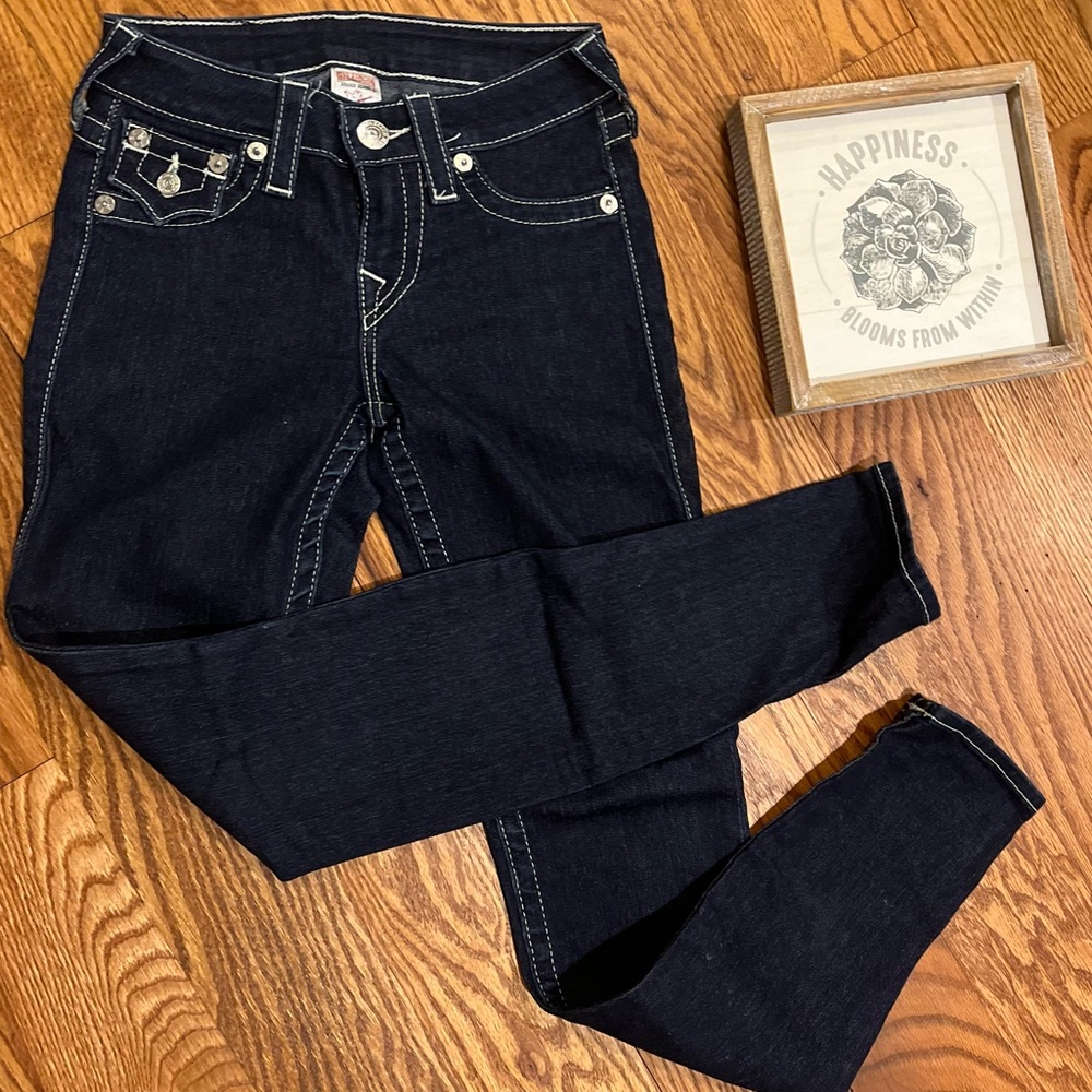 True Religion size 24, stretch, dark blue, skinny jeans